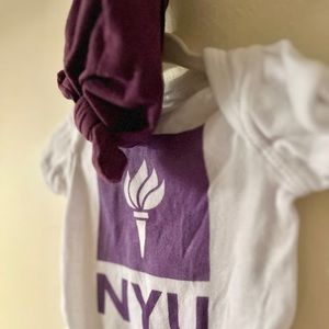 NYU 6mo. Onesie and Girls Top Knot Hat Bonnet Cotton